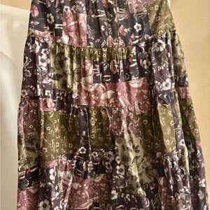 Forest Creature Patchwork Skirt with Mushrooms, Flora, Frogs, Raccoons